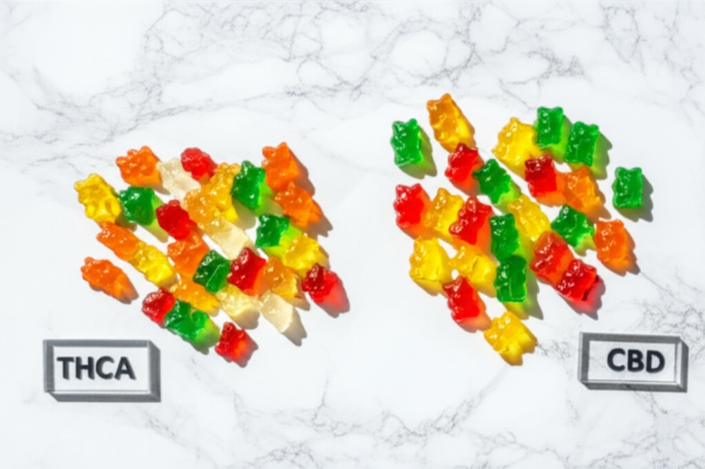 THCA and CBD gummies compared side by side on marble surface