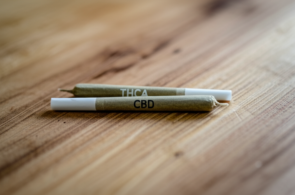 THCA vs CBD pre-rolls comparison on natural wood surface