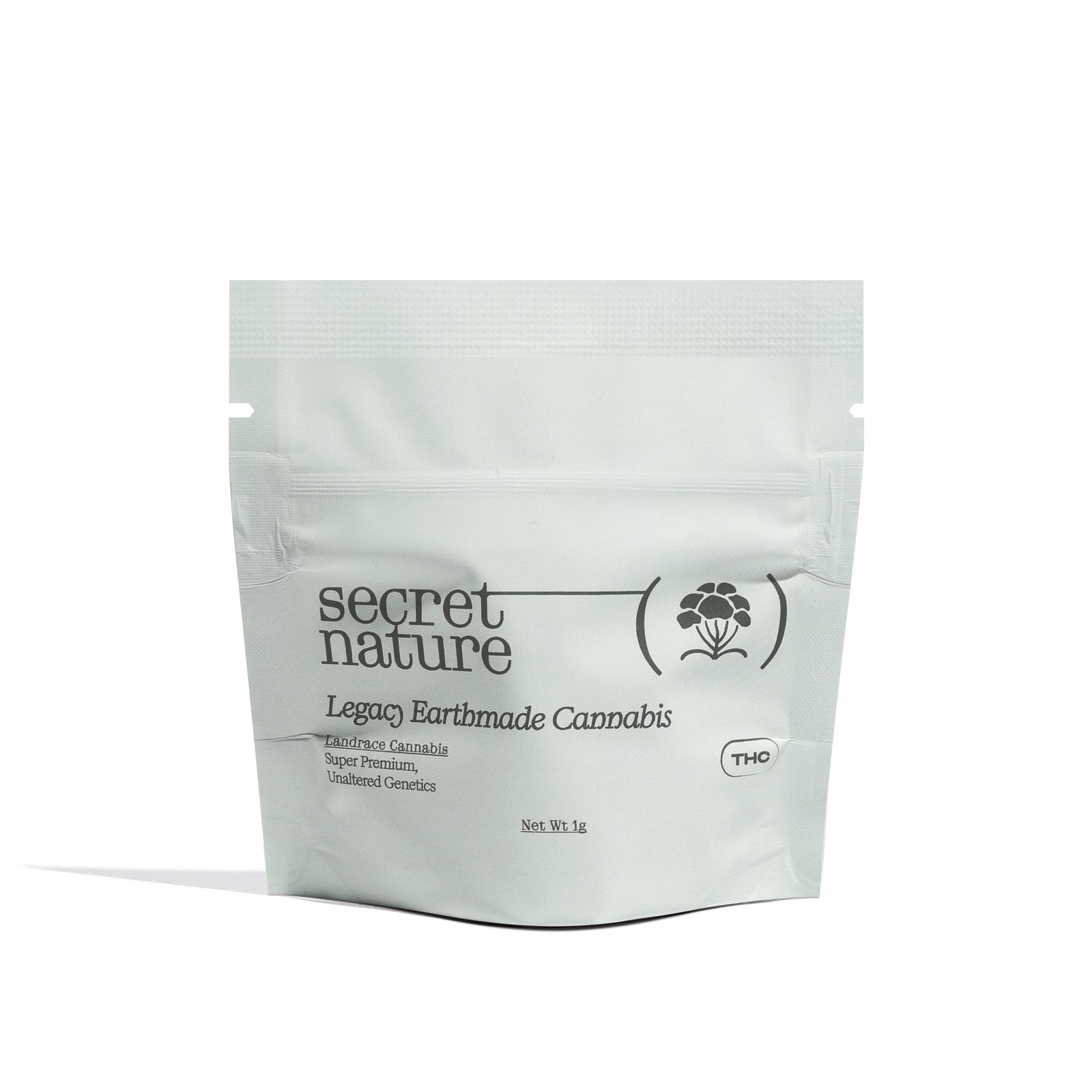 Secret Nature Landrace Cannabis 1g green product pack displayed against a white background.