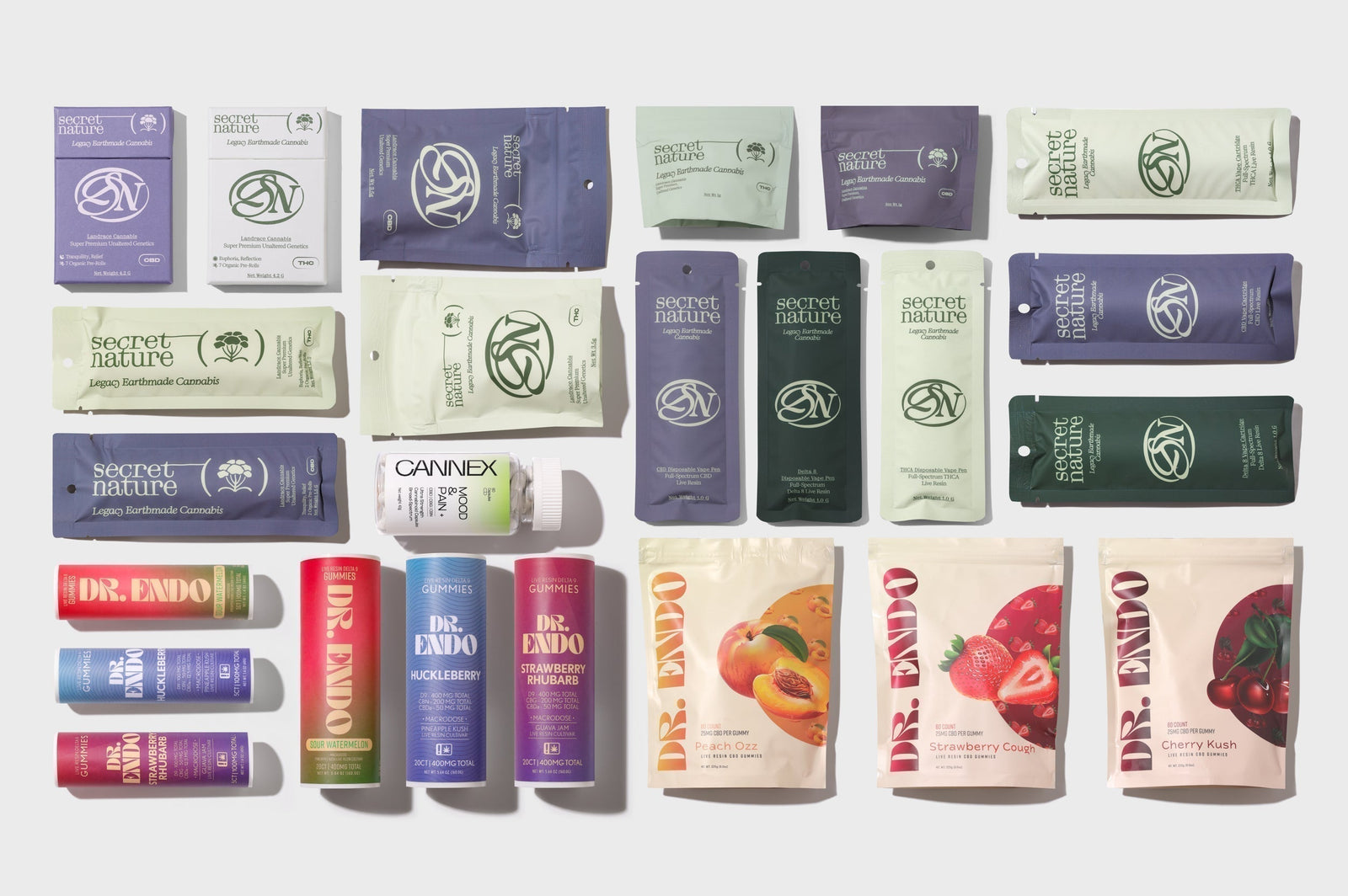 Secret Nature smokable CBD product lineup featuring hemp flower, CBD cigarettes, pre-rolls, vapes, and gummies in premium packaging.