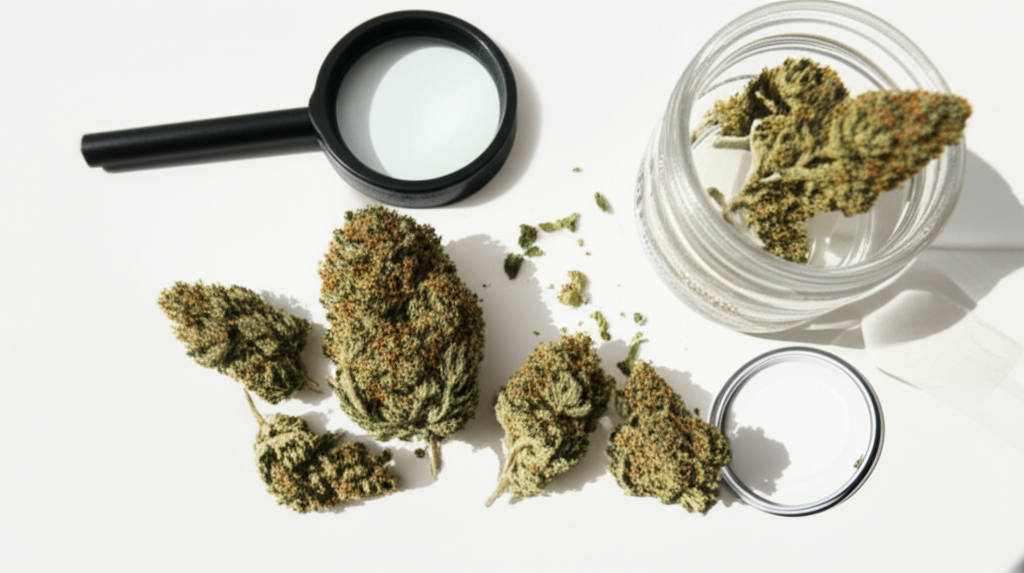 Premium cannabis flower buds with magnifying glass on white surface for first-time buyer