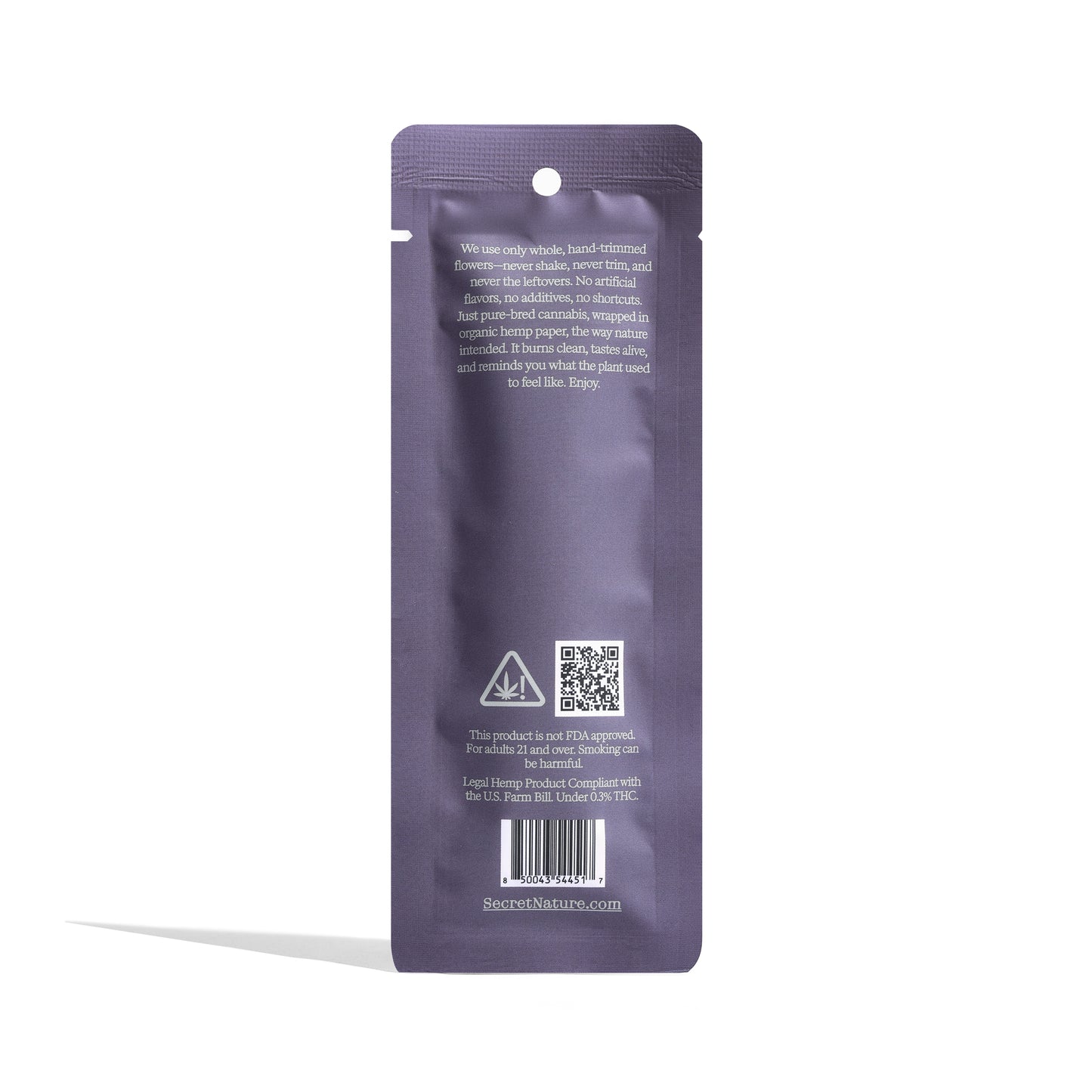 back of Secret Nature CBD two-pack pre-rolls packaging with details