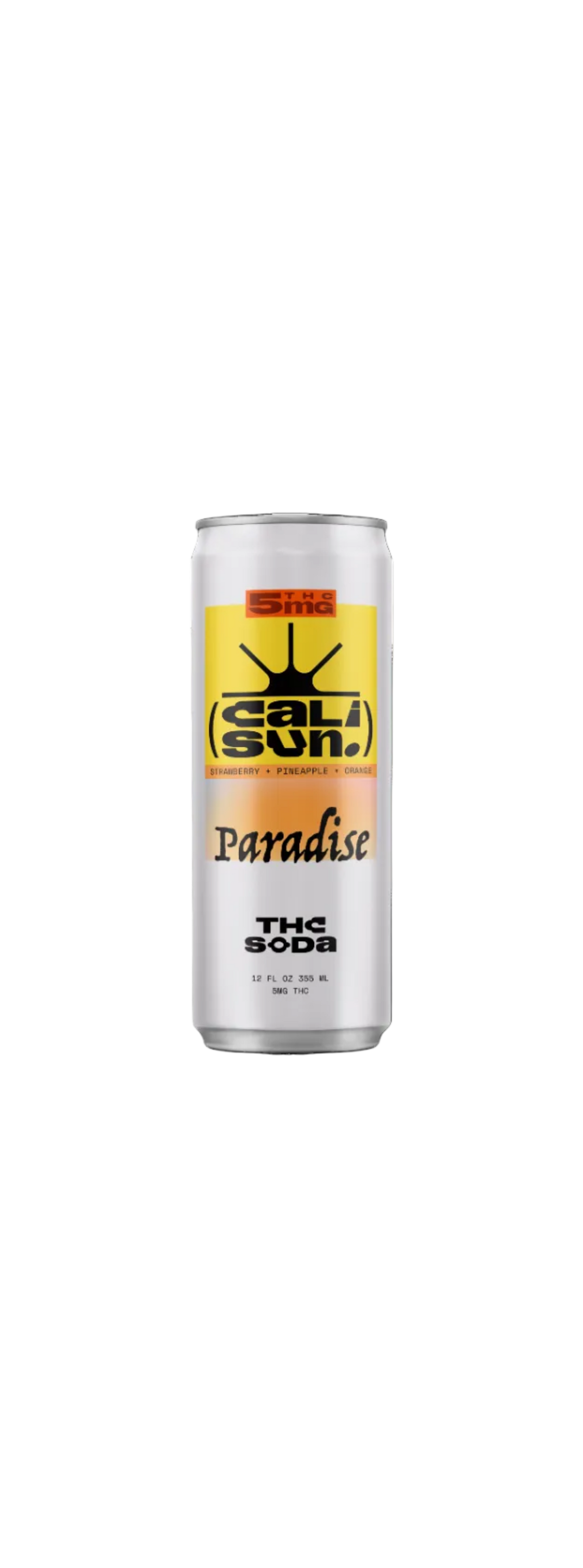 Cali Sun Solstice 12oz can — 5mg THC soda, Strawberry + Pineapple + Orange (render currently labeled Paradise — pending final art)