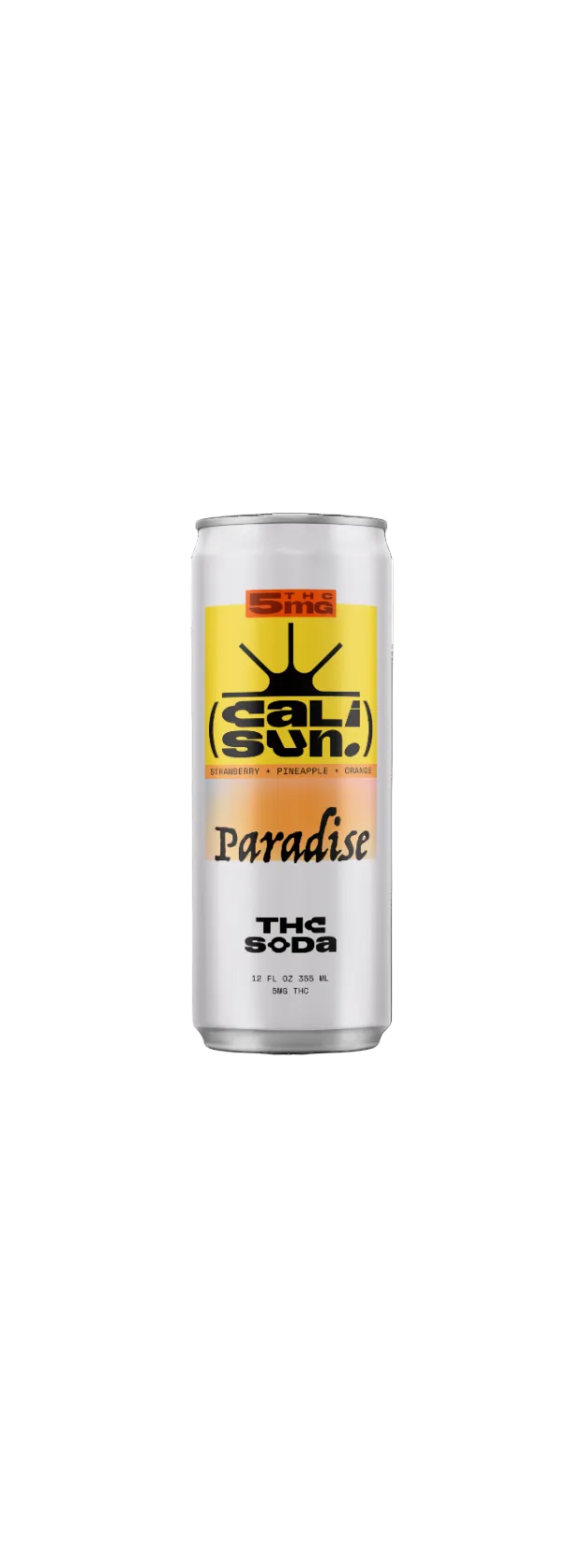 Cali Sun Solstice 12oz can — 5mg THC soda, Strawberry + Pineapple + Orange (render currently labeled Paradise — pending final art)