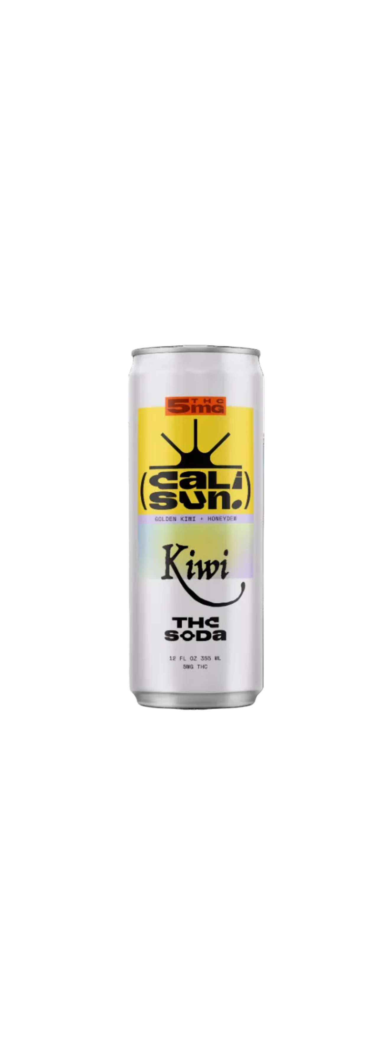 Cali Sun Halo 12oz can — 5mg THC soda, Golden Kiwi + Honeydew (render currently labeled Kiwi — pending final art)