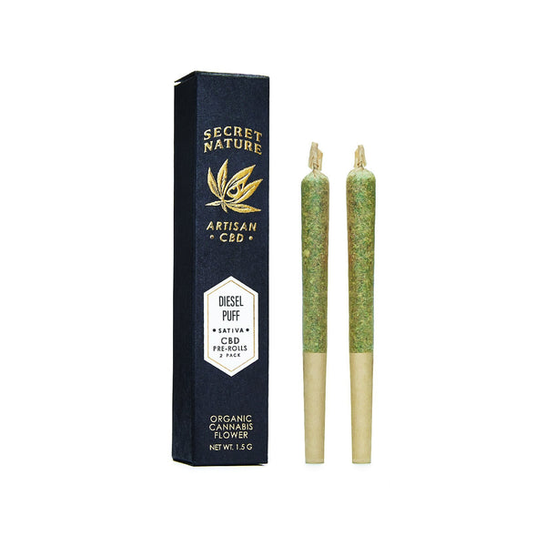 Diesel Puff - CBD Hemp Flower Pre-Rolled Joints, Sativa, Uplift, 100% Trimmed Flower Buds, Ultra Premium, 2 Pack - Secret Nature