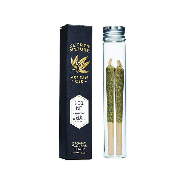 Diesel Puff - CBD Hemp Flower Pre-Rolled Joints, Sativa, Uplift, 100% Trimmed Flower Buds, Ultra Premium, 2 Pack - Secret Nature